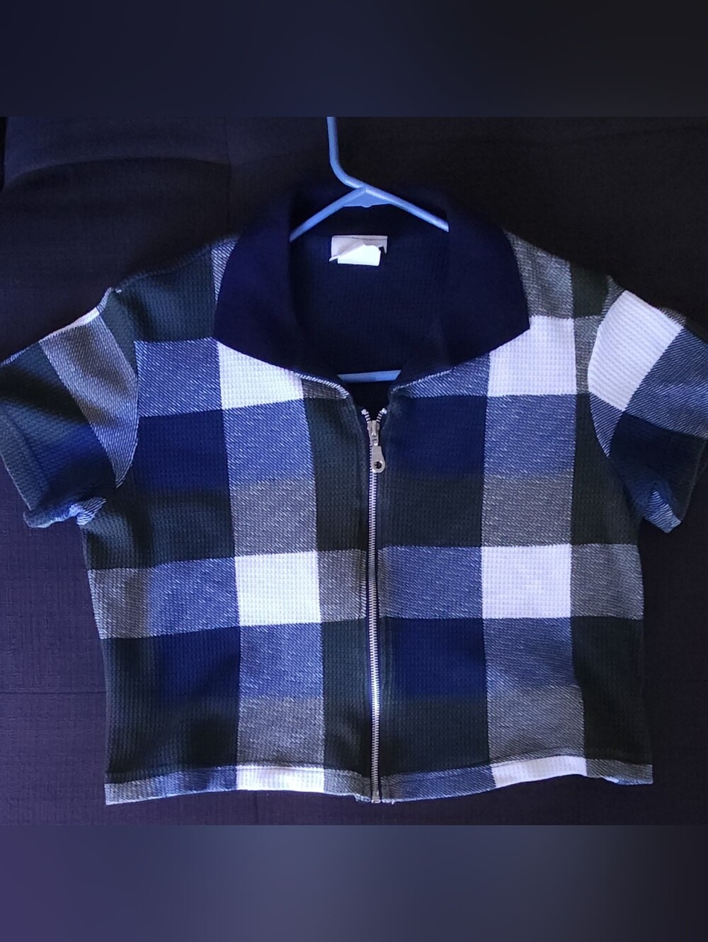 Fashion Bug Navy, White, Green Plaid Zip-Front Short Sleeve Top! Size XL!!